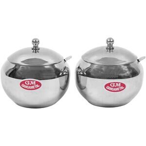 2 Pack Stainless Steel Ghee Pot with Lid & Spoon Oil Sugar Container Silver